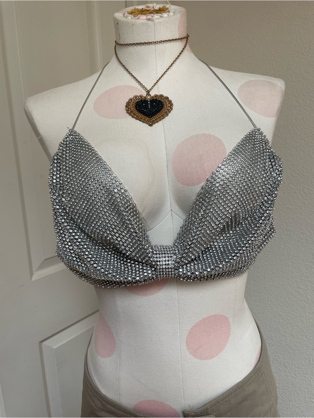 Silver Rhinestone Halter Bralette Top